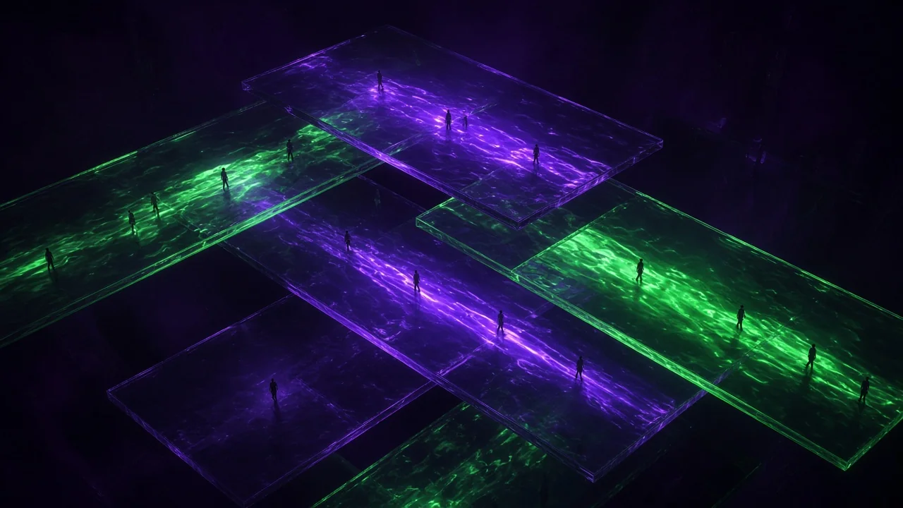 Five translucent planes stacked at different angles in the dark