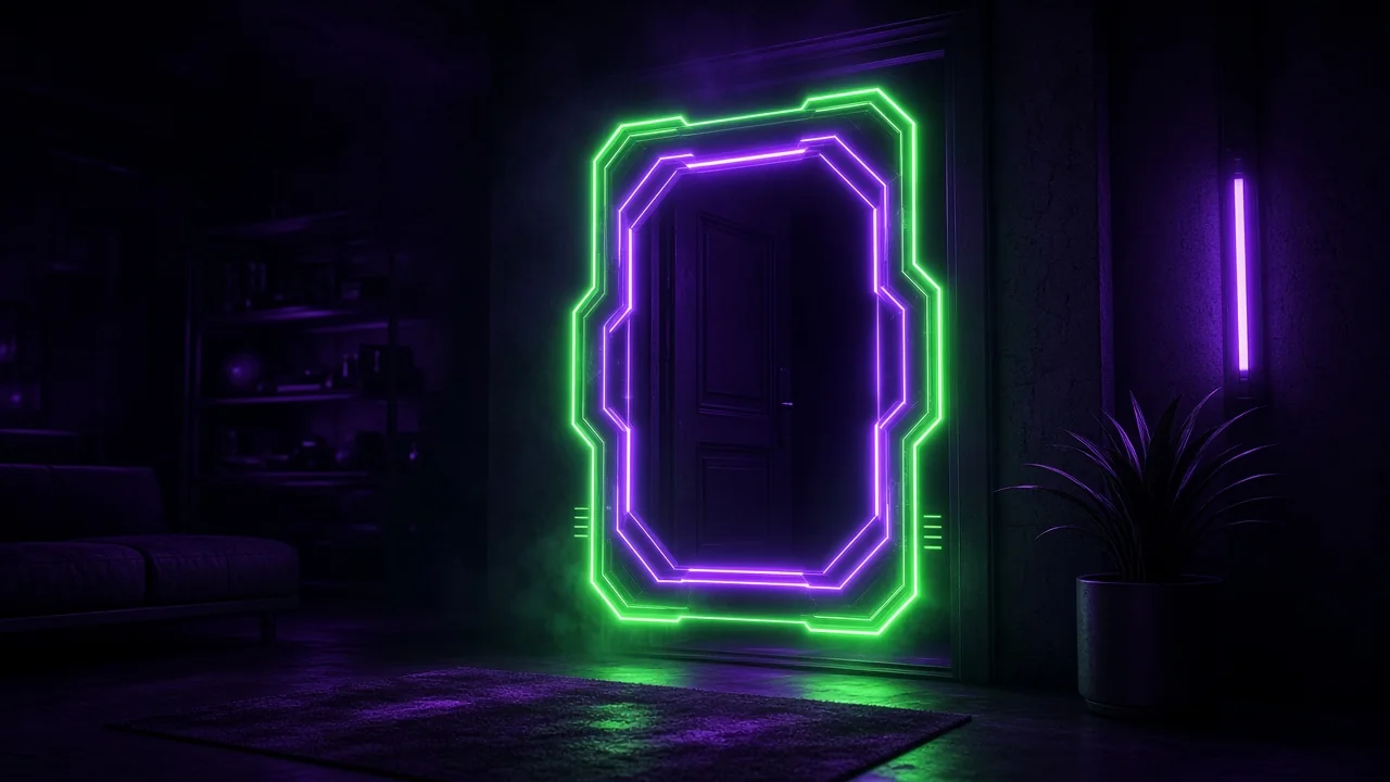 A gateway shaped like an empty save-slot frame of light hovering in front of a rec room door