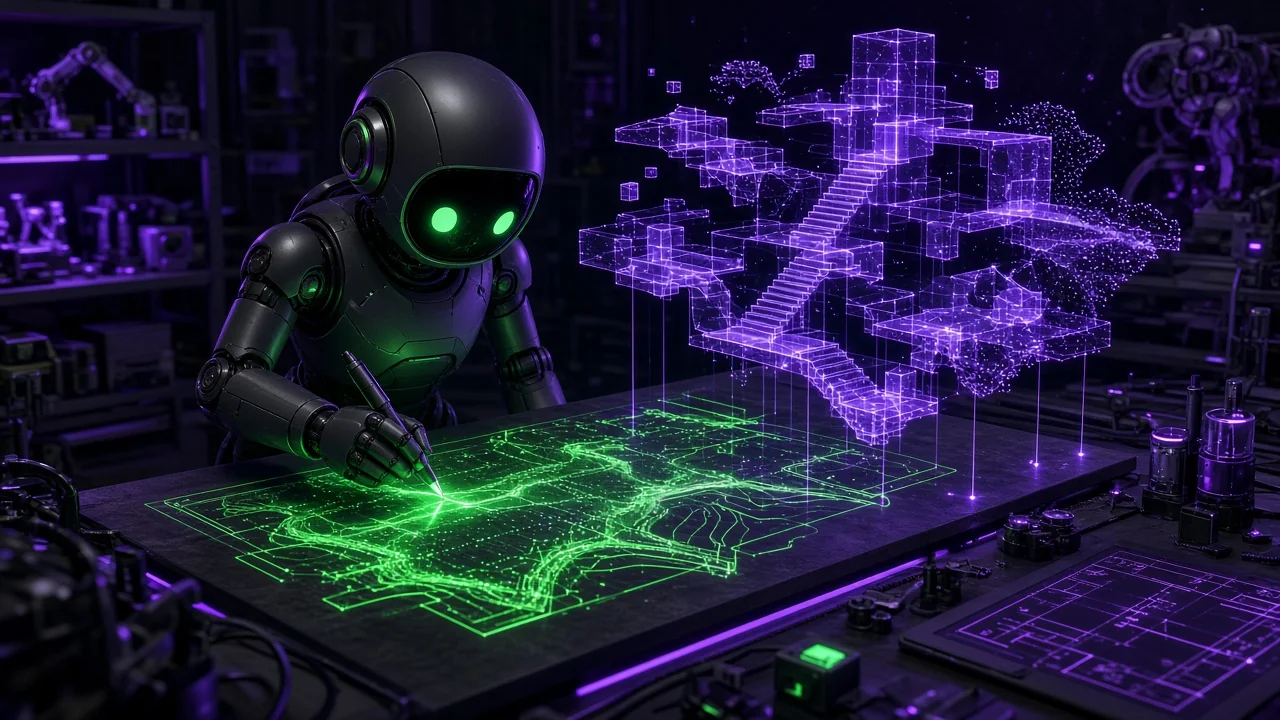 A small robot developer at a desk writing glowing code by hand