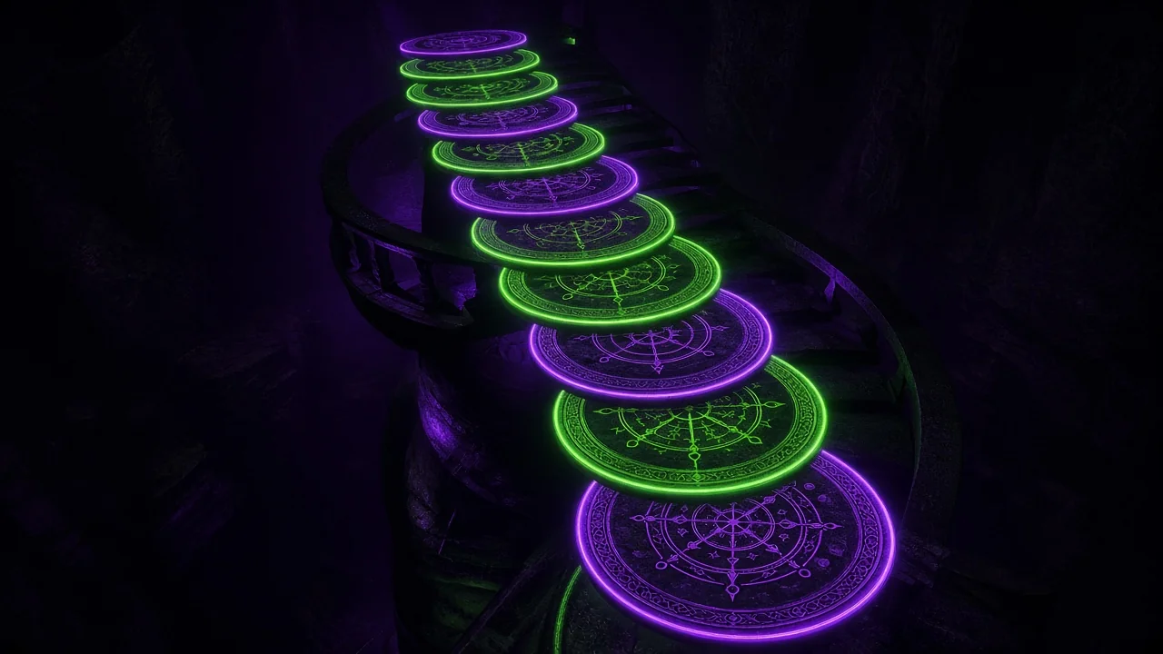 A spiral staircase of ten glowing platform rings rising through darkness