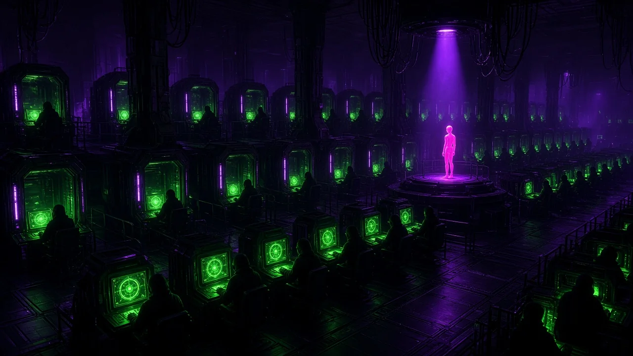 Rows of test chambers with silhouetted subjects at glowing terminals
