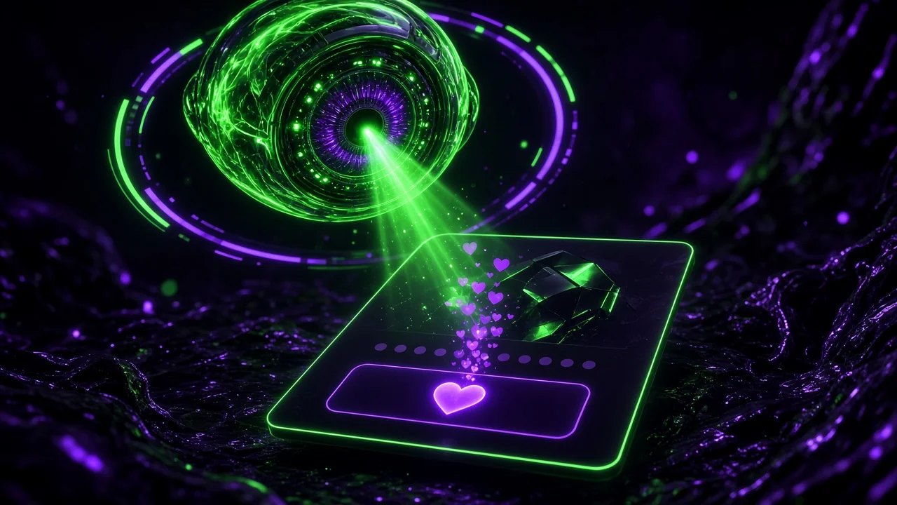 A giant eye of light scanning a glowing store page card